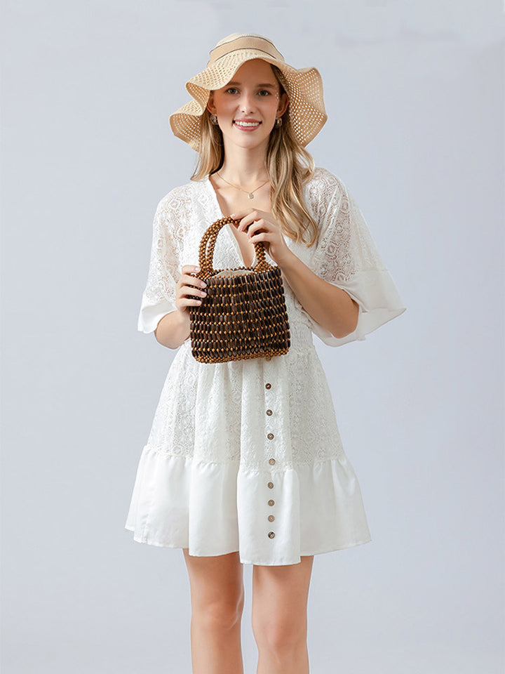 手織り木製ビーズスクエアバッグ