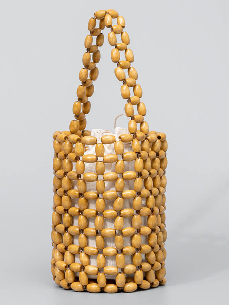 Hollowed-Out Wooden Bead Woven Bucket Bag