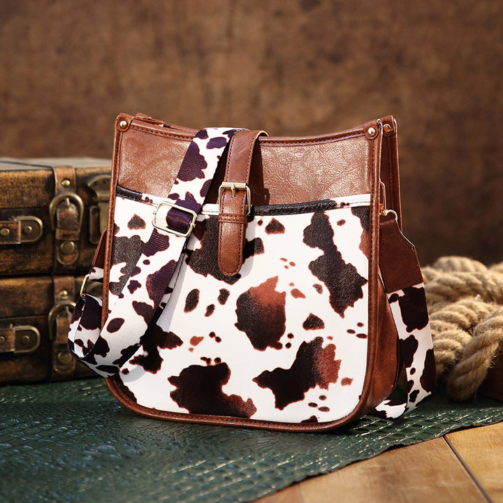 Bolso bandolera con estampado de vaca marrón estilo vaquero occidental