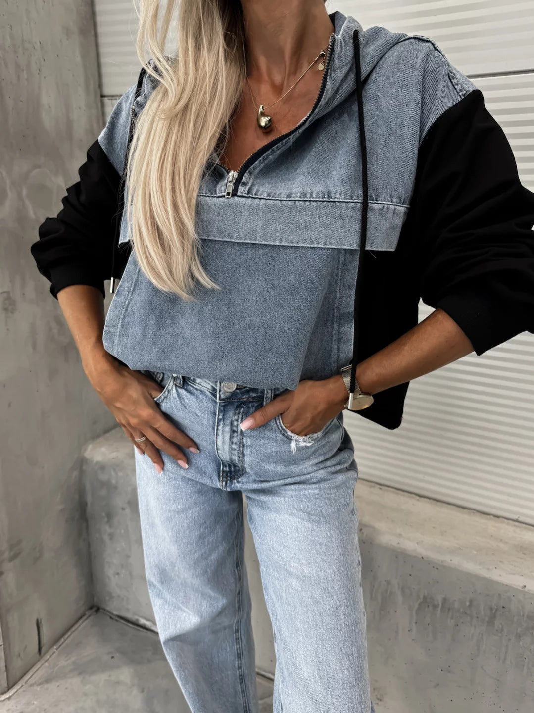 Loose Casual Wash Denim Patchwork Hoodie