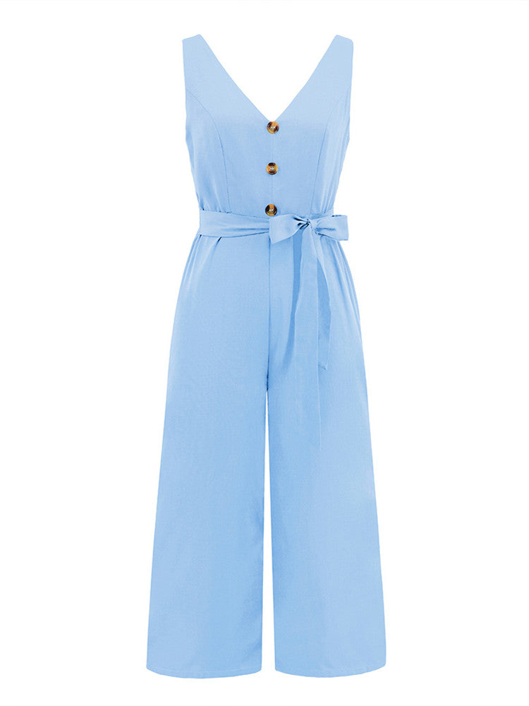 V-neck Button Knot-Tie W/ Cut-Out Back Jumpsuit