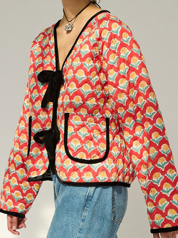 Jolie veste à lacets avec imprimé floral et nœud