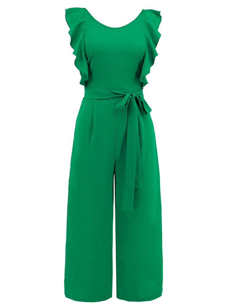 Ruffle Detail Belted Culotte Midi Rovný overal