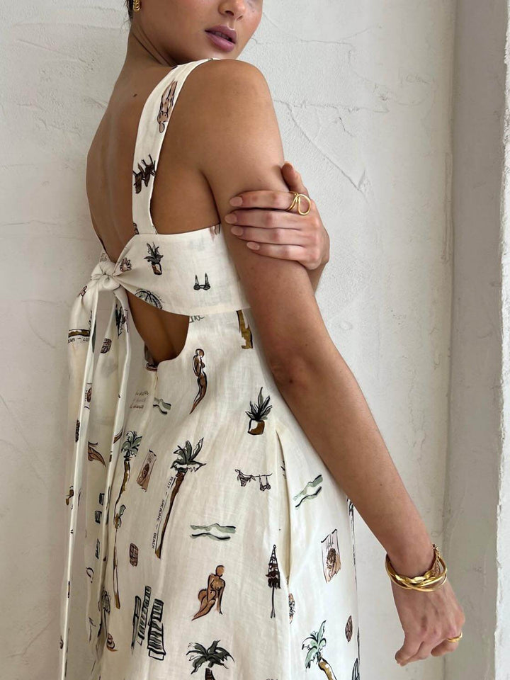 Moda Kişiselleştirilmiş Graffiti Askı Seksi Sırtı Açık Maxi Elbise