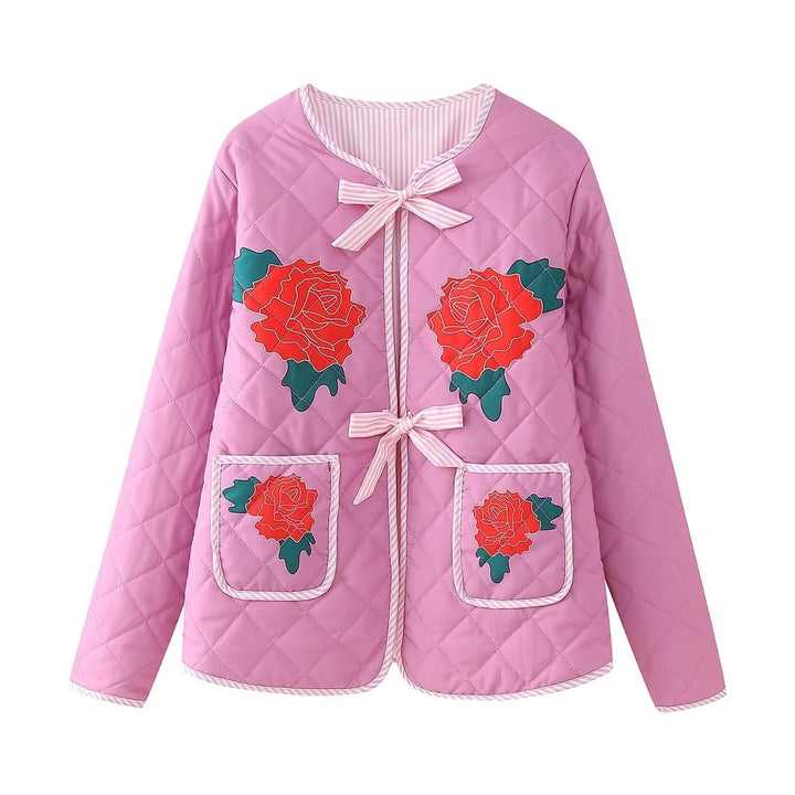 Rose Print Bow Pink Manipis na Jacket