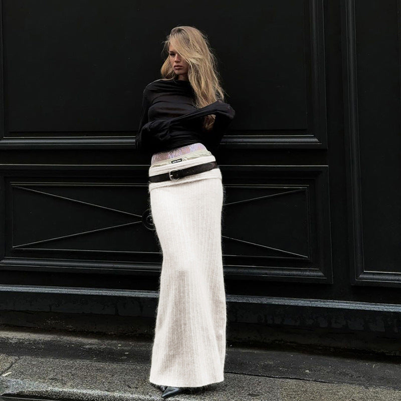 Stretch Off-Shoulder Sweater At Long Skirt Set