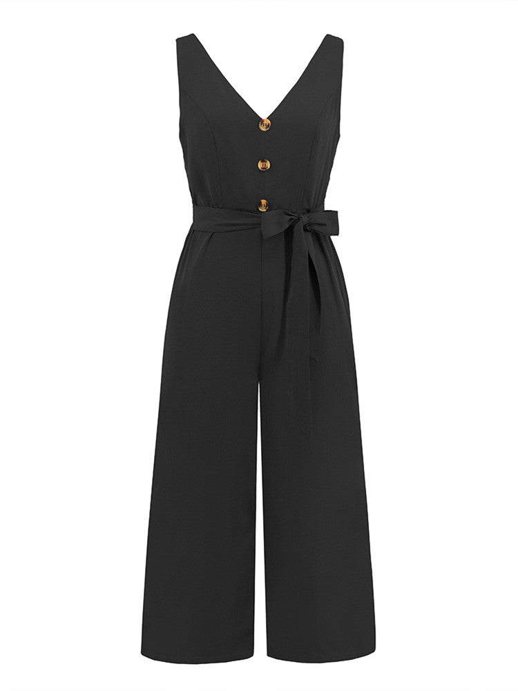 V-neck Button Knot-Tie W/ Cut-Out Back Jumpsuit