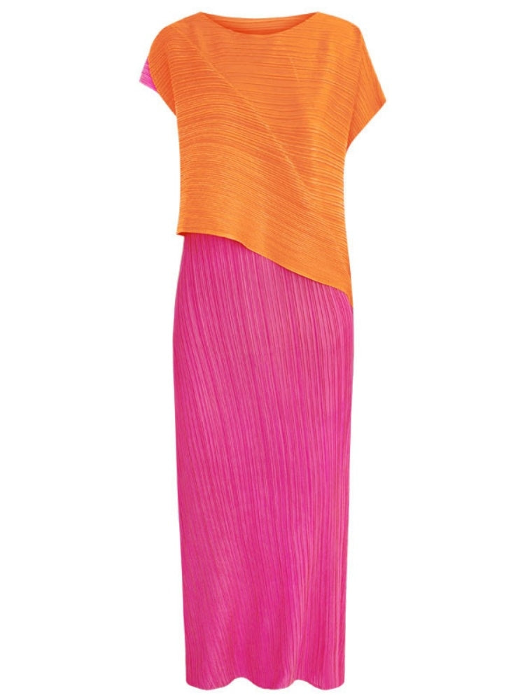 Μίντι Φόρεμα Color Block με στρογγυλή λαιμόκοψη