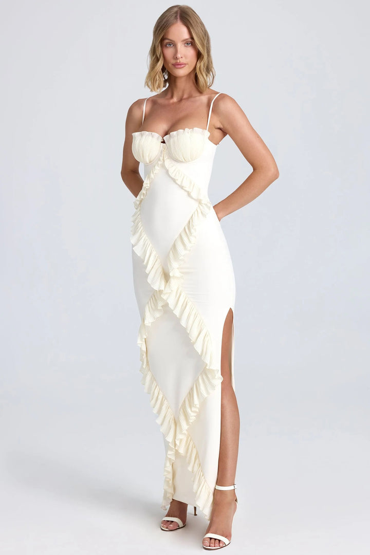 Pleated Frilly Slip Slit Maxi Dress