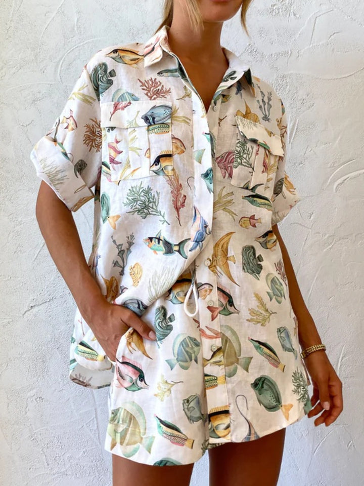 Conjunto estampado de peixes tropicais