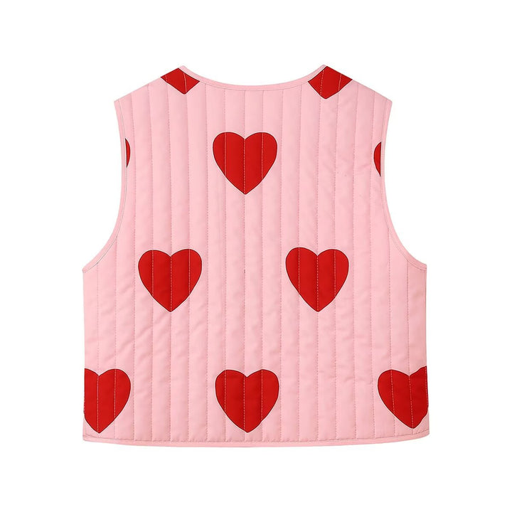 Heart Print na Walang manggas na Pink Bow V-neck Waistcoat