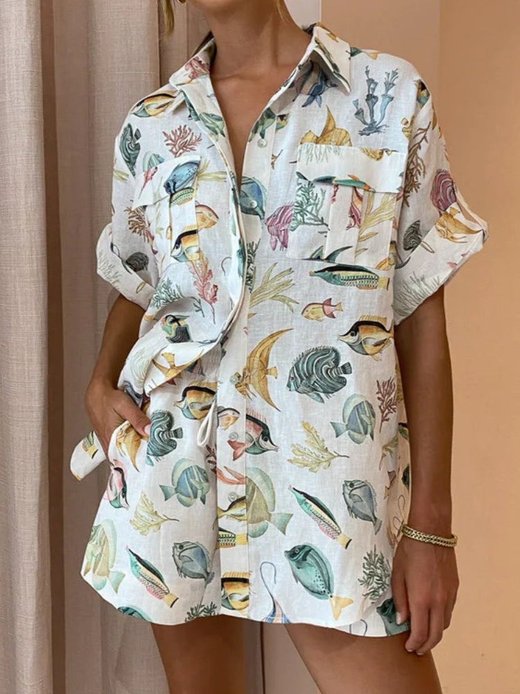 Conjunto estampado de peixes tropicais