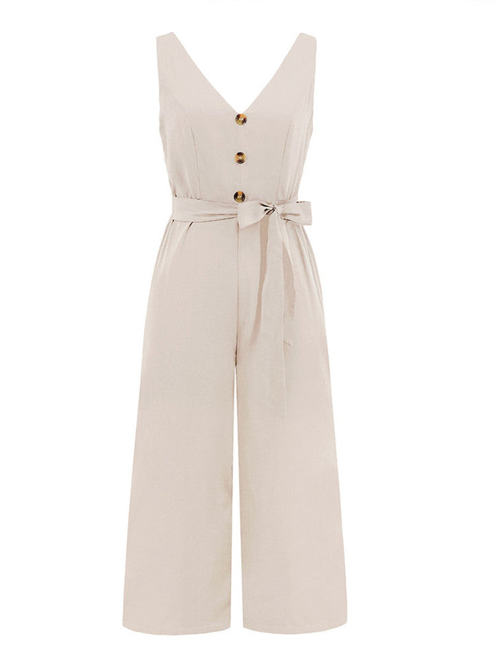 V-neck Button Knot-Tie W/ Cut-Out Back Jumpsuit