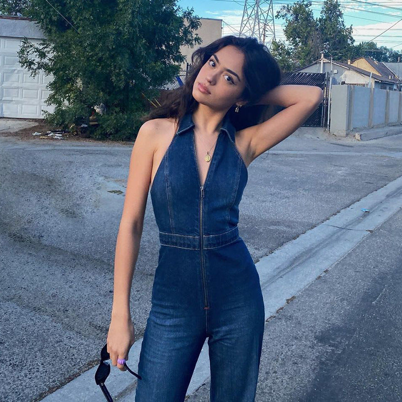 Denim revers jumpsuit