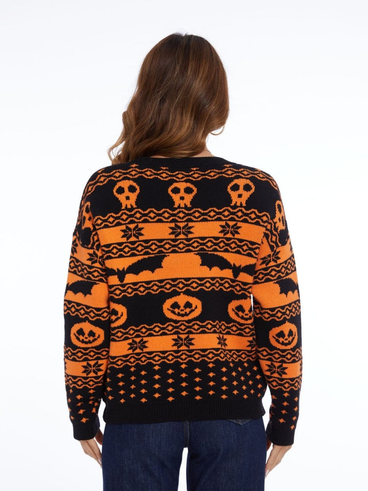 Pull tricoté à col rond à motif de citrouille d'Halloween