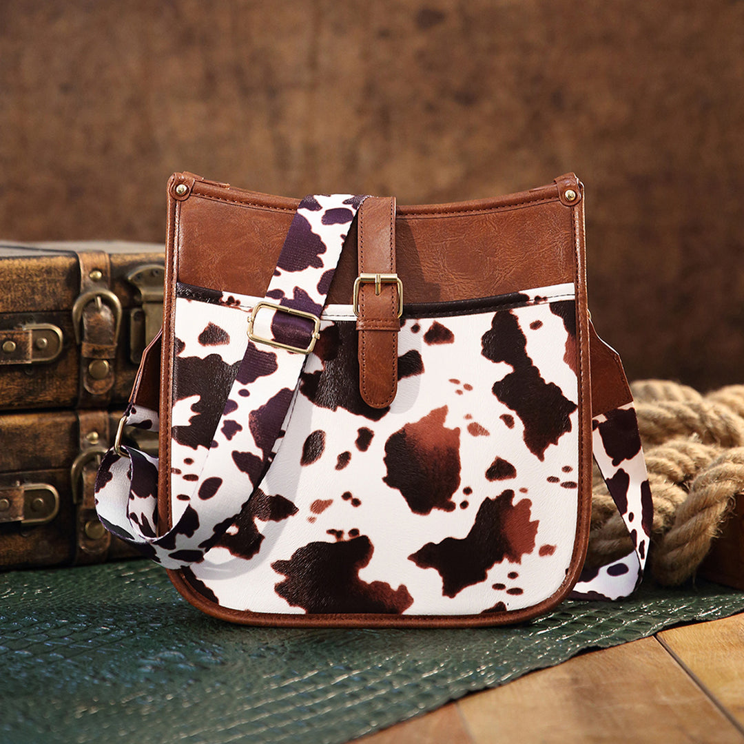 Bolso bandolera con estampado de vaca marrón estilo vaquero occidental