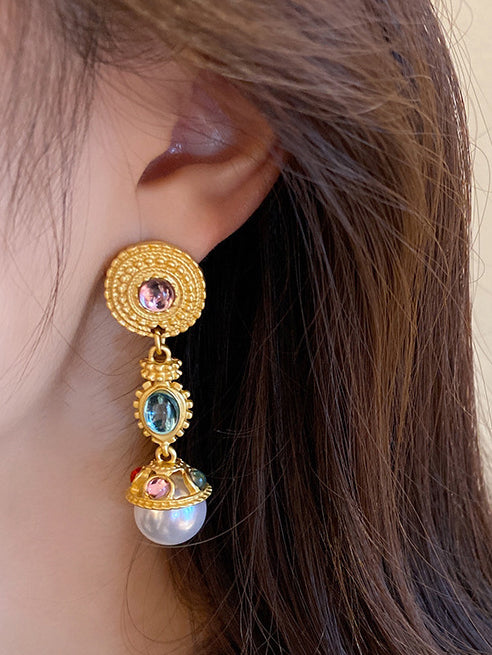 Retro Palace Style Gemstone Pearl Earrings