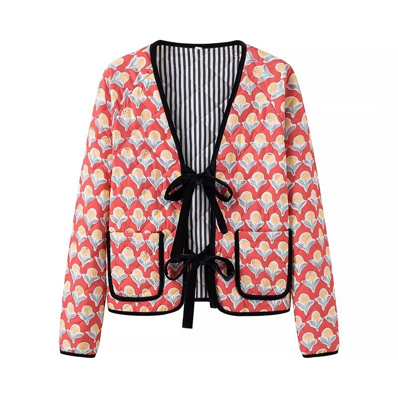 Jolie veste à lacets avec imprimé floral et nœud