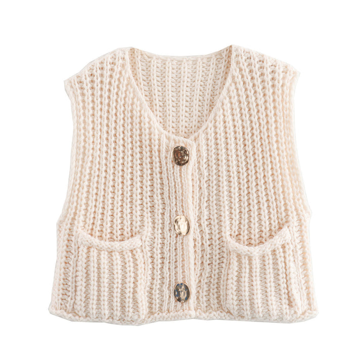 Large Buttons Solid Color Knit Vest Cardigan