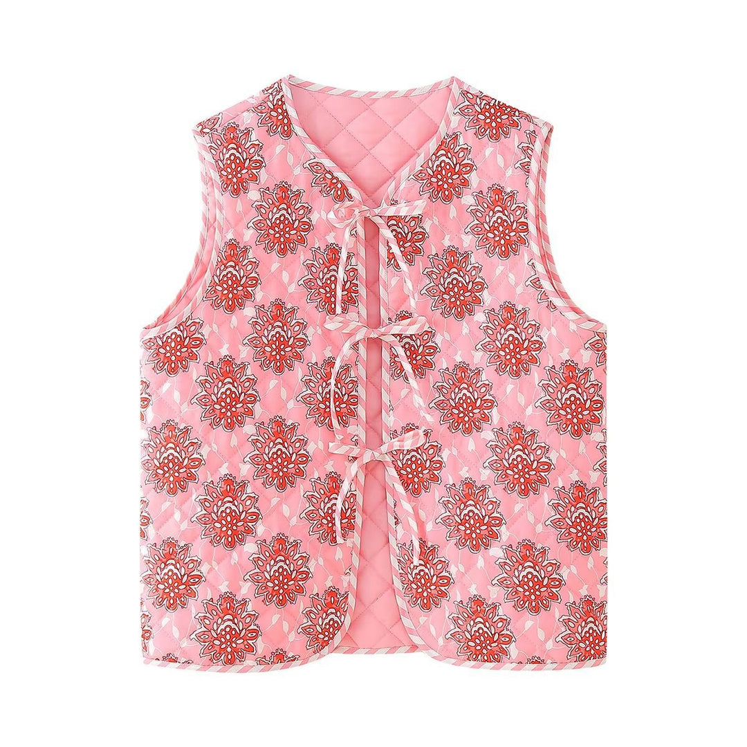 Pink Floral Print Lace-Up Quilted Thin Waistcoat