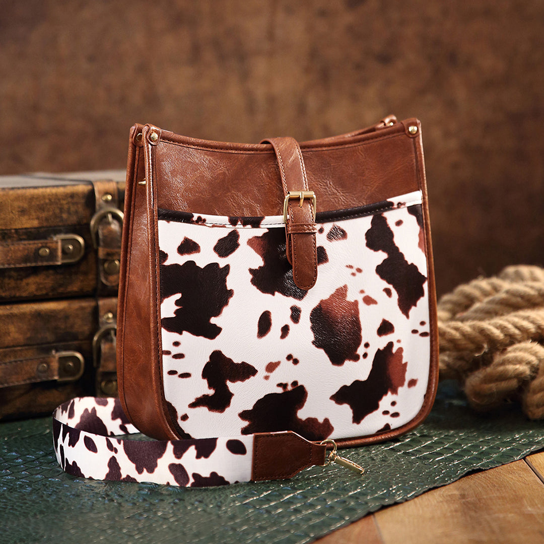 Western Cowboy Style Brown Cow Print Crossbody taske