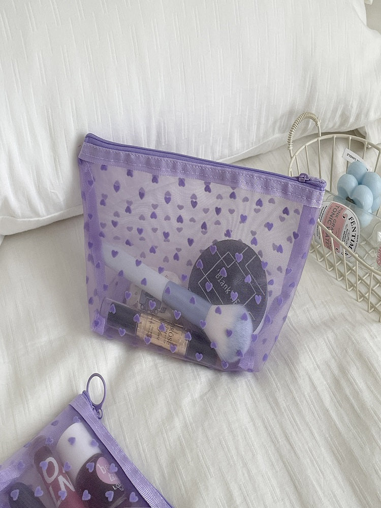 Bolsa de maquillaje de corazón transparente morado
