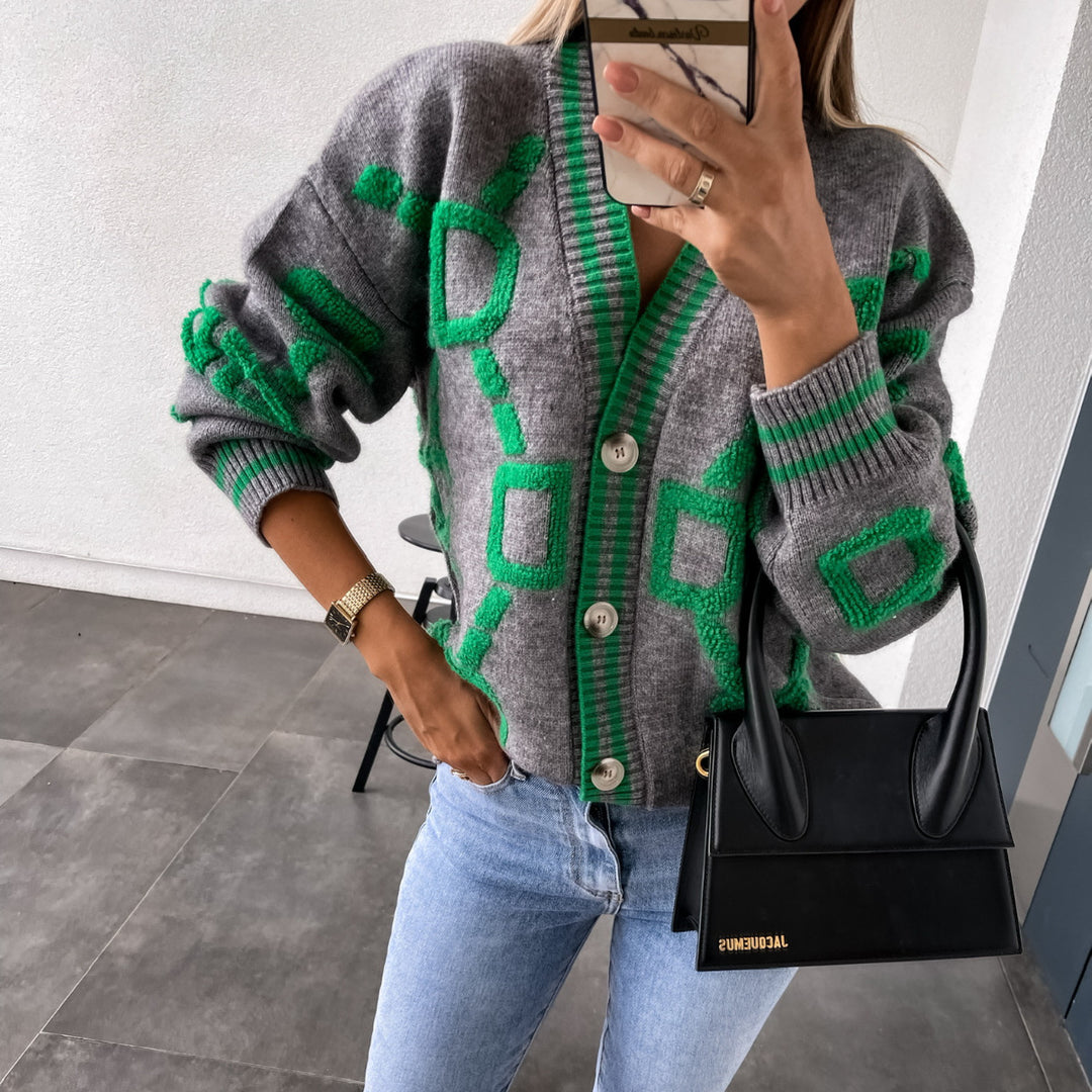 Cardigan de malha casual com decote em V e contraste de cores