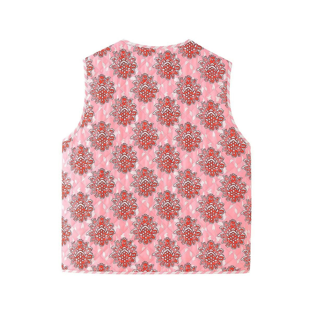 Roze bloemenprint veter-gewatteerd dun gilet