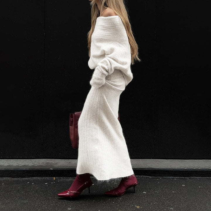 Stretch Off-Shoulder Sweater At Long Skirt Set