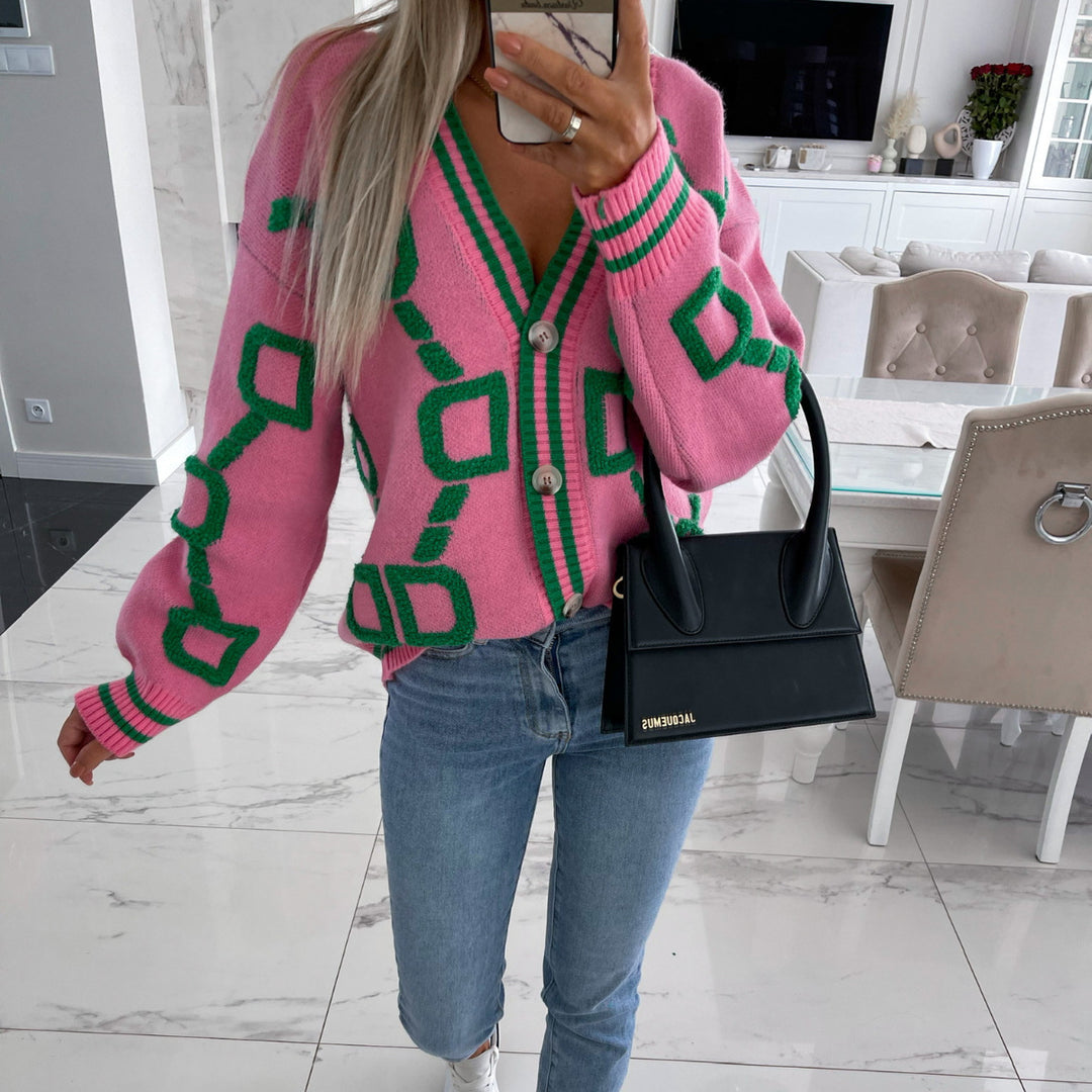 Cardigan de malha casual com decote em V e contraste de cores