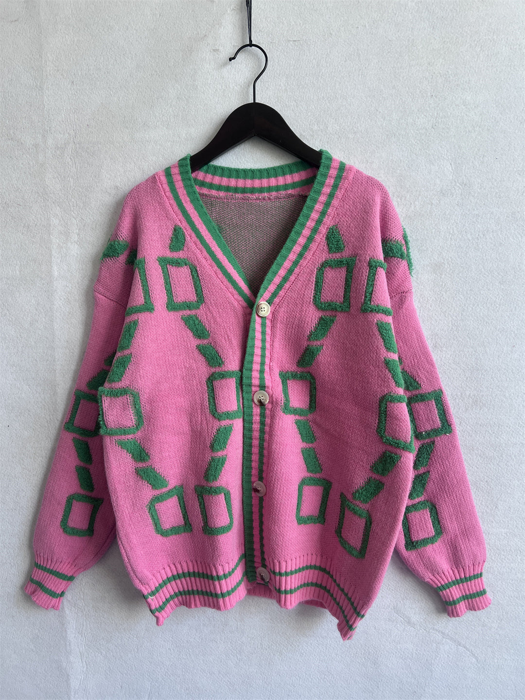 Cardigan de malha casual com decote em V e contraste de cores