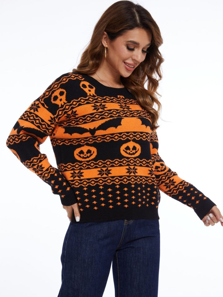 Pull tricoté à col rond à motif de citrouille d'Halloween