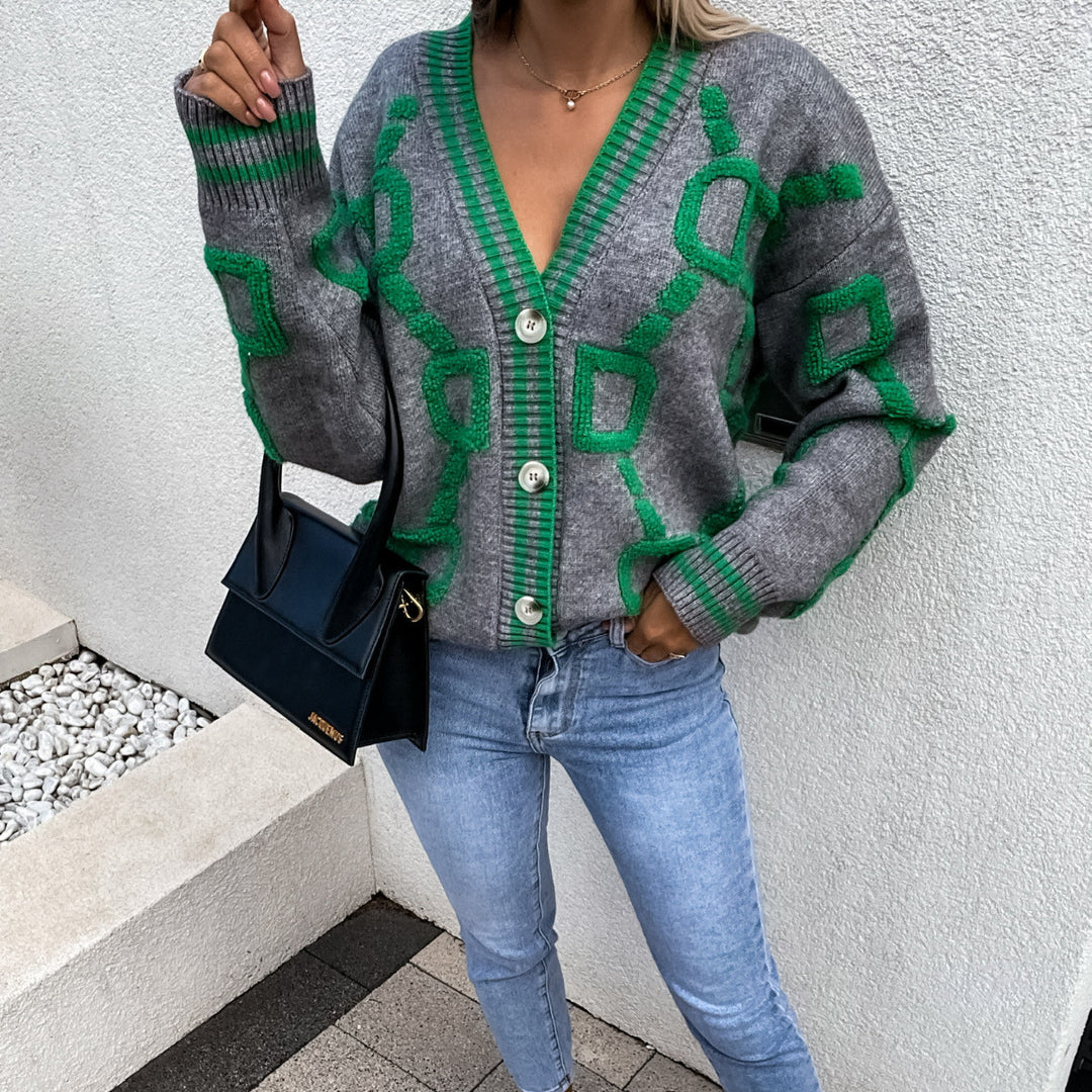 Cardigan de malha casual com decote em V e contraste de cores