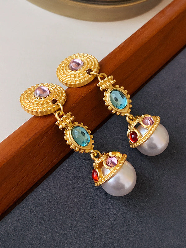 Pendientes de perlas de piedras preciosas estilo palacio retro