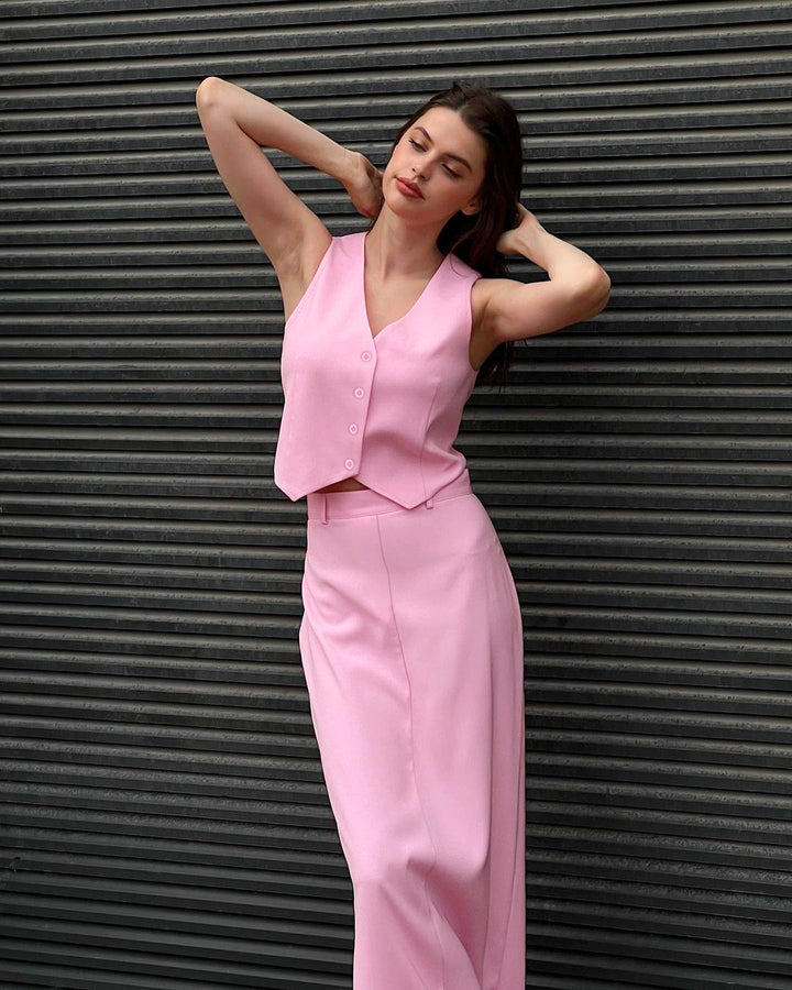 Pink Suit Waistcoat At Skirt Set