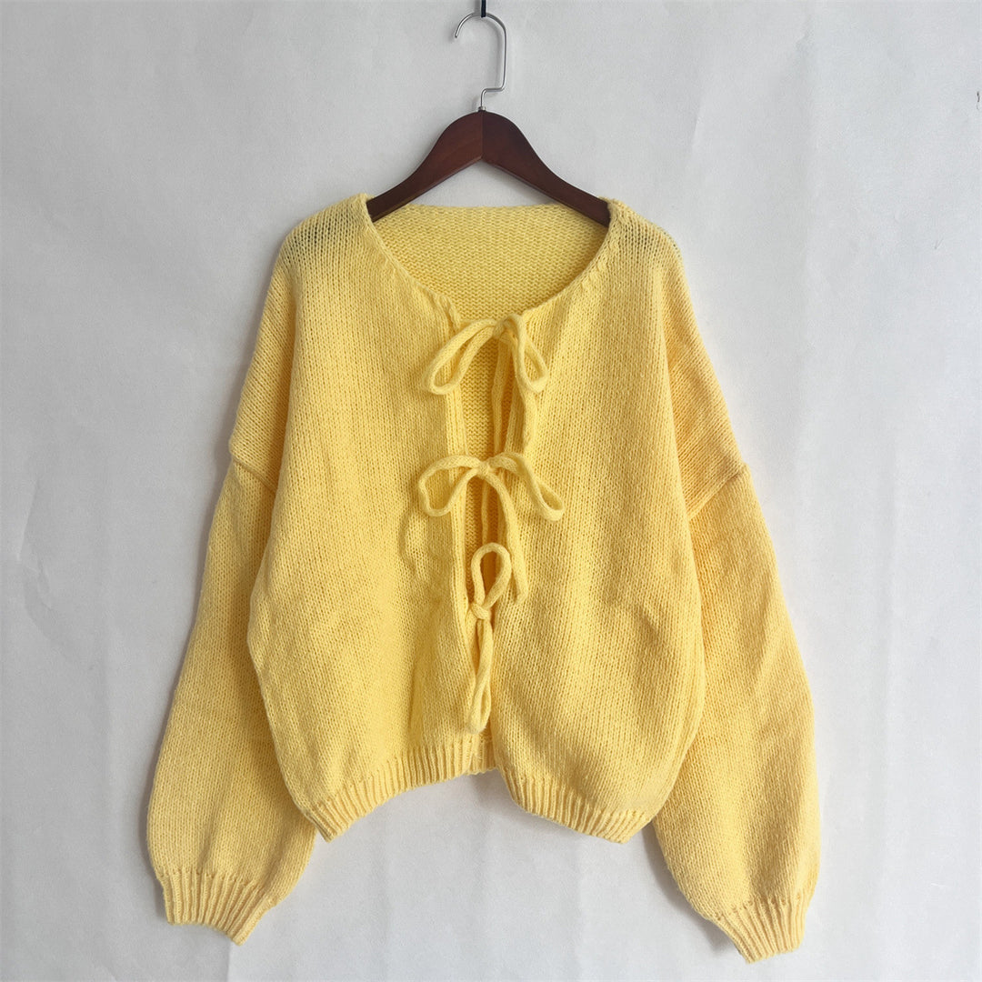 Cardigan con lacci e scollo rotondo tinta unita