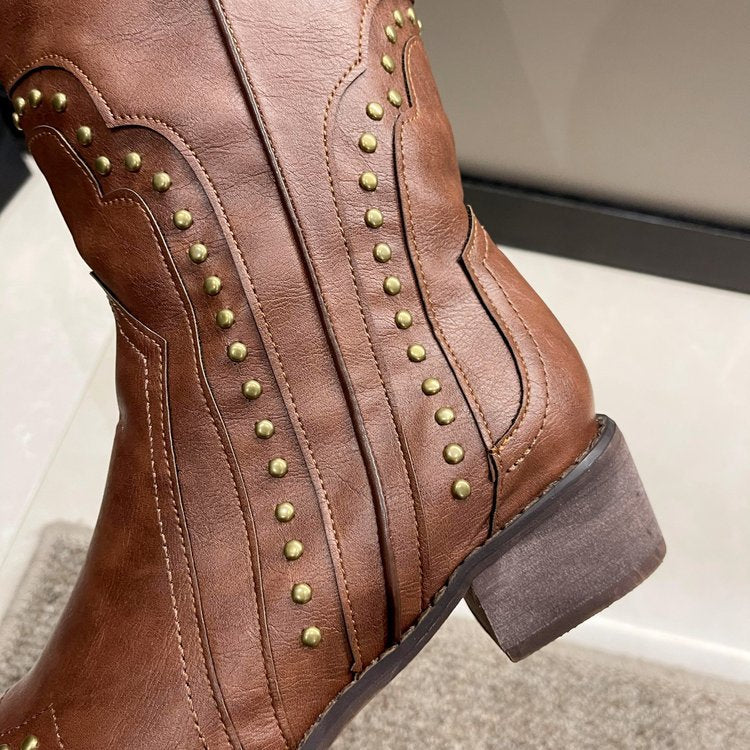 Vintage Studded Western Cowboy High-Heeled Knight Boots