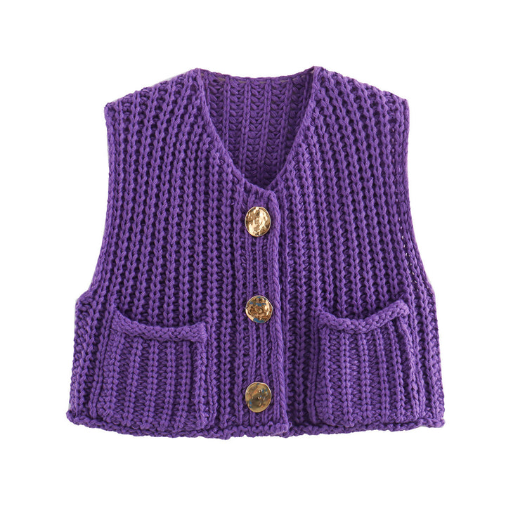 Large Buttons Solid Color Knit Vest Cardigan