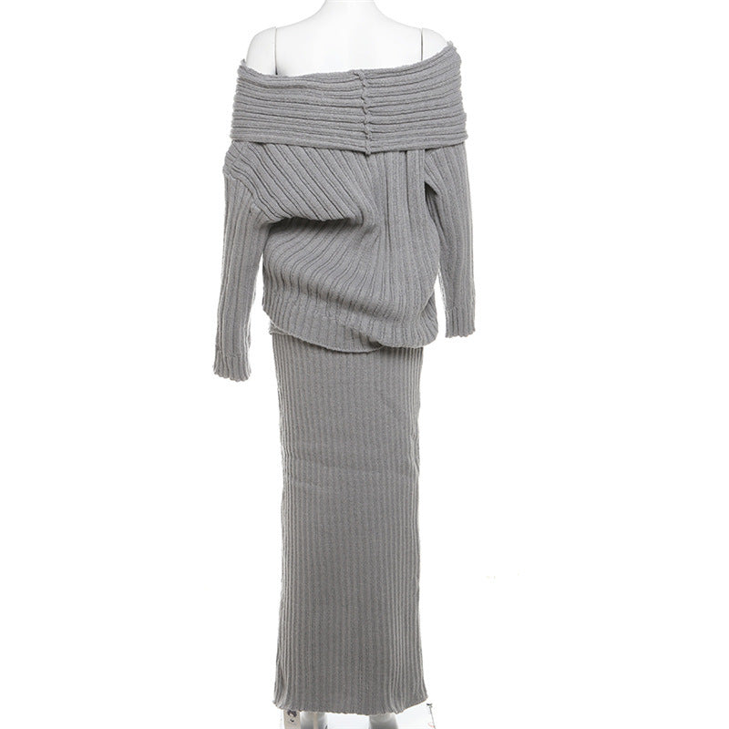 Stretch Off-Shoulder Sweater At Long Skirt Set