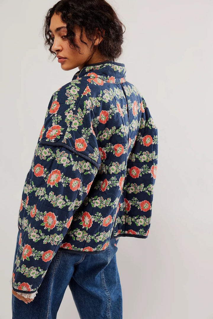 Flower Print Pocket Clip Cotton Drop Shoulder Jacket