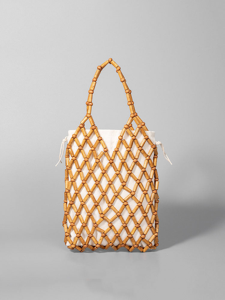 Hollow-Out Wooden Bead Woven Tote Bag