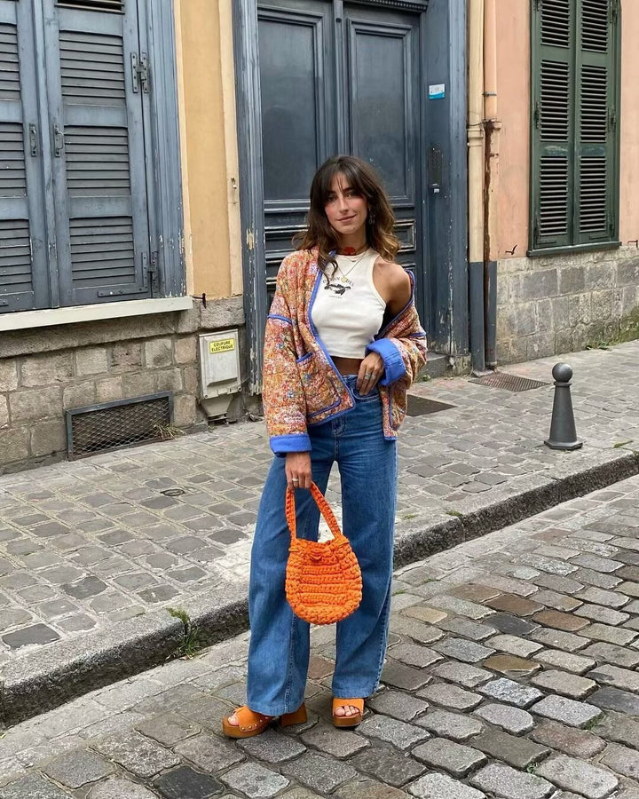 Chaqueta pequeña de algodón con hombros caídos y clip de bolsillo con estampado floral