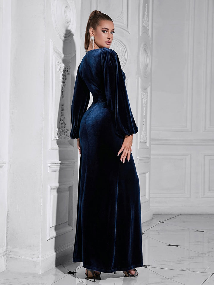 Sexy V neck Slit Long Sleeve Dress