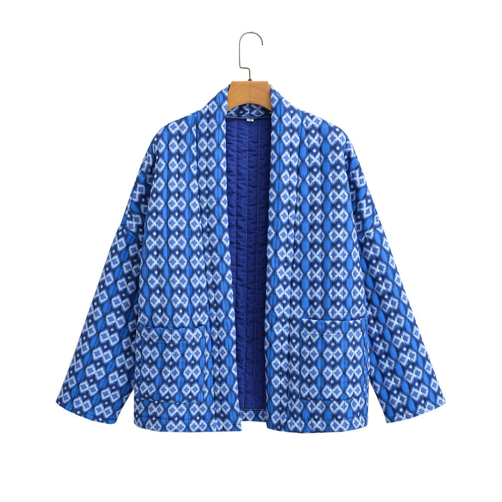 Geometric Pattern Floral Print Pockets Quilted Jacket