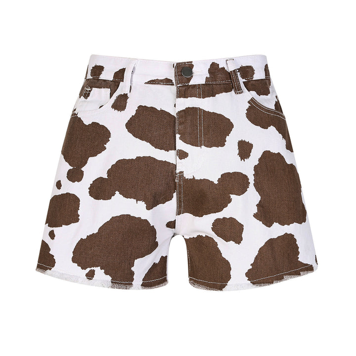 Pantalones cortos con estampado de vaca marrón estilo vaquero