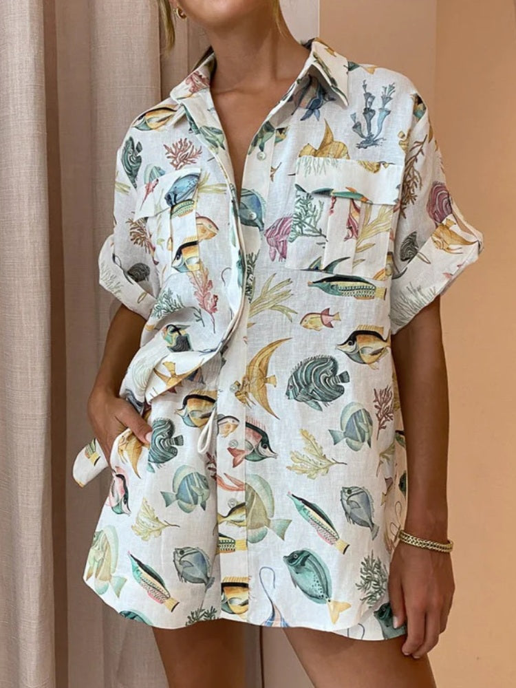 Conjunto estampado de peixes tropicais