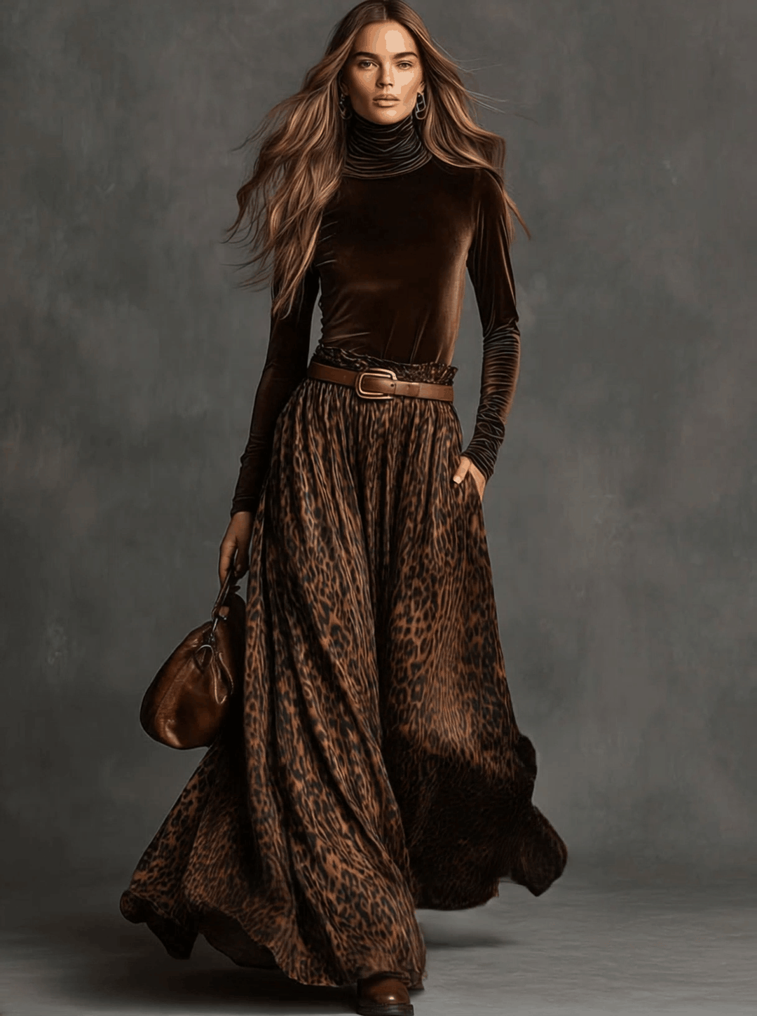 Ensemble vintage avec haut en velours à col roulé et jupe imprimée léopard