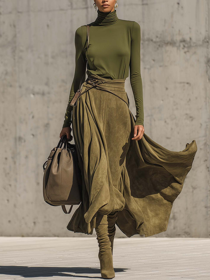 Olive Green Stretch Turtleneck Top And Faux Suede Maxi Skirt Set