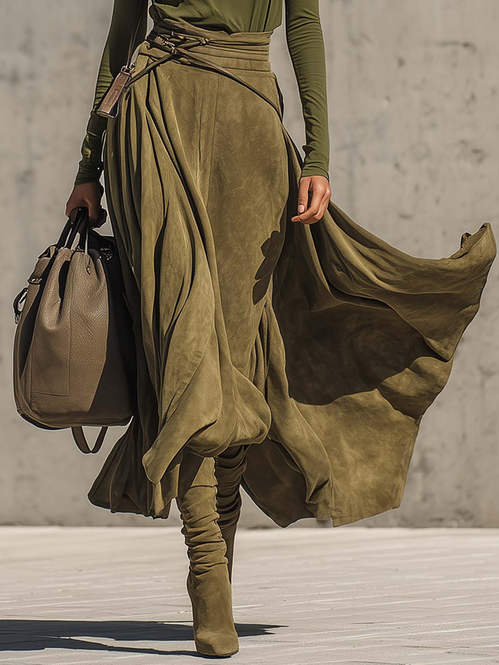 Olive Green Stretch Turtleneck Top And Faux Suede Maxi Skirt Set