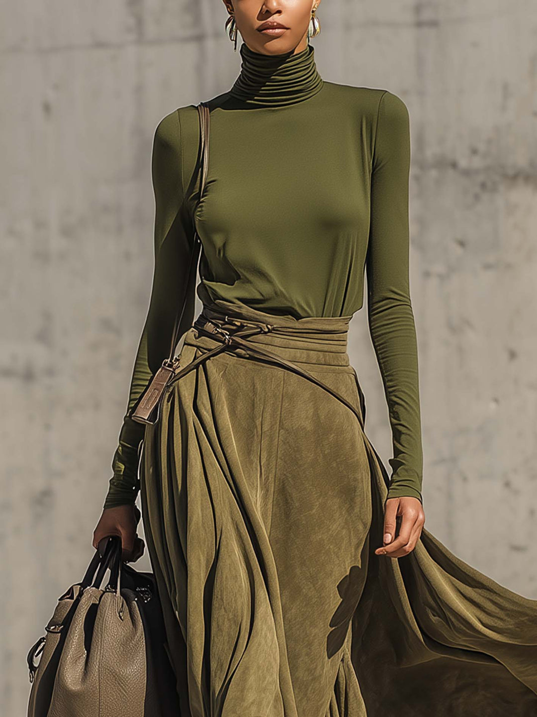 Olive Green Stretch Turtleneck Top And Faux Suede Maxi Skirt Set